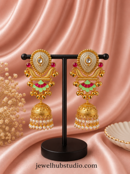Vanya Kashmiri Jhumka Earrings Green Pink | Premium Traditional Indian Earrings