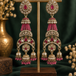 Nayab Long Kundan Jhumka Earrings – Dark Pink