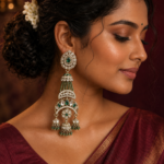 Nayab Long Kundan Jhumka Earrings – Dark Green