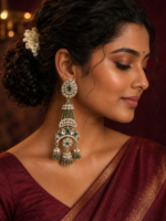 Nayab Long Kundan Jhumka Earrings – Dark Green