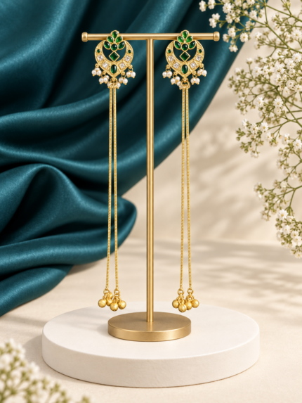 Ahana Long Kashmiri Ghungroo Brass Earrings – Dark Green