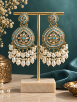 Gulnaz Ethnic Pearl Chandbali Earrings – Light Blue - Image 2