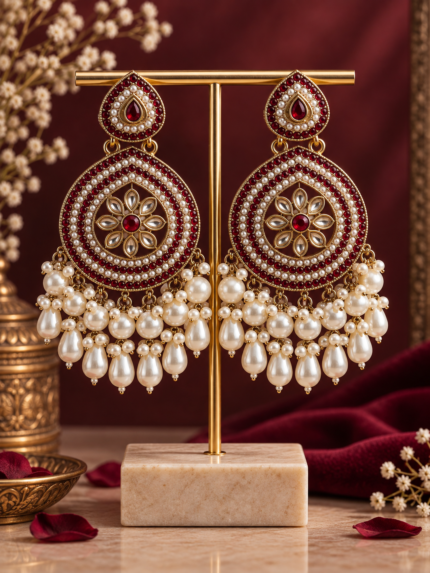 Gulnaz Ethnic Pearl Chandbali Earrings – Red