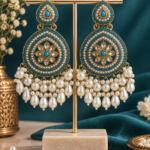 Gulnaz Ethnic Pearl Chandbali Earrings – Teal Blue