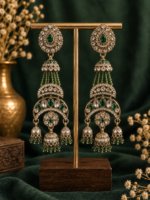 Nayab Long Kundan Jhumka Earrings – Dark Green - Image 2