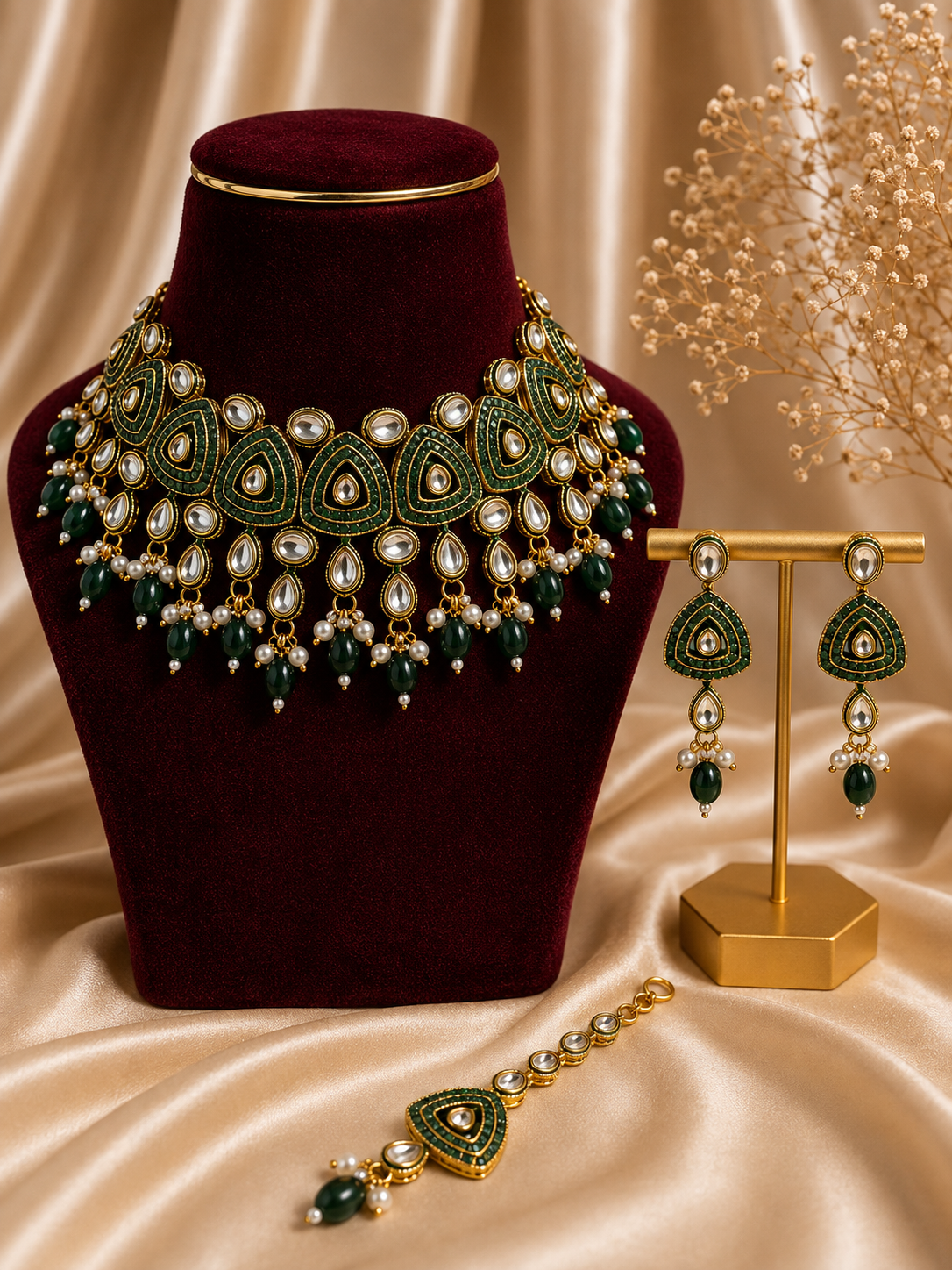 Emerald-Kundan-Jewellery-on-Velvet.png Binny Premium Kundan Jewellery Set – Dark Green - Image 1