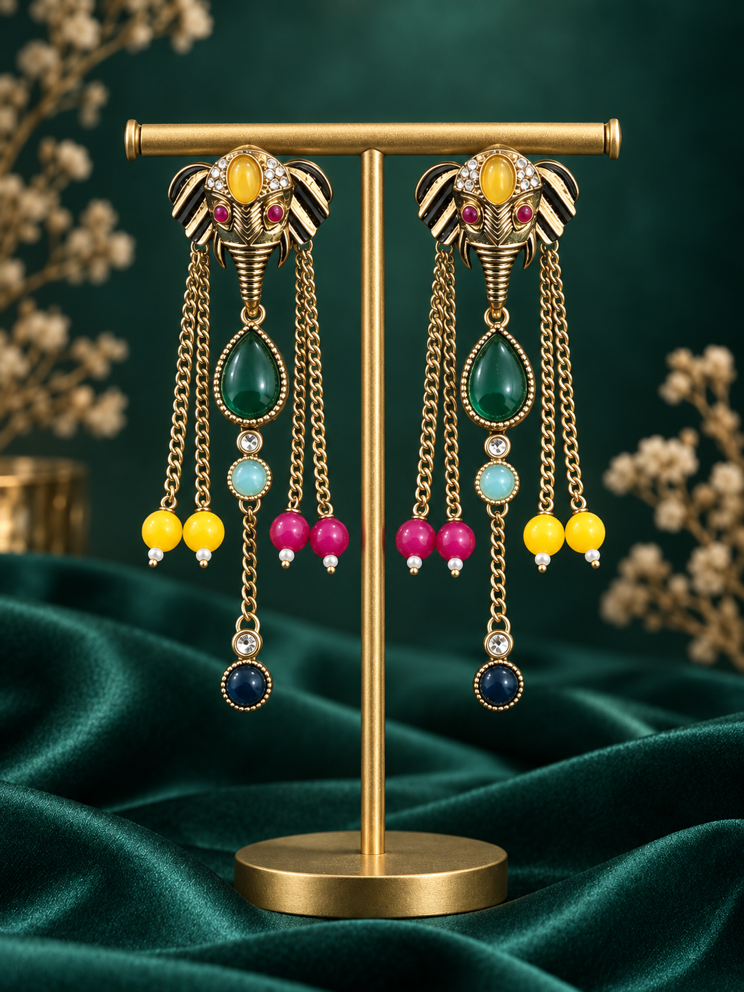 Gold-Elephant-Earrings-on-Emerald-Stand1.png Aaranya Haathi Long Dangler Earrings – Multi - Image 1
