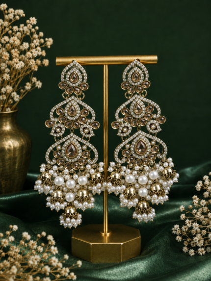Zehra Premium Kundan Pearl Dangler Earrings – Golden
