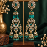 Nayab Long Kundan Jhumka Earrings – Teal Green