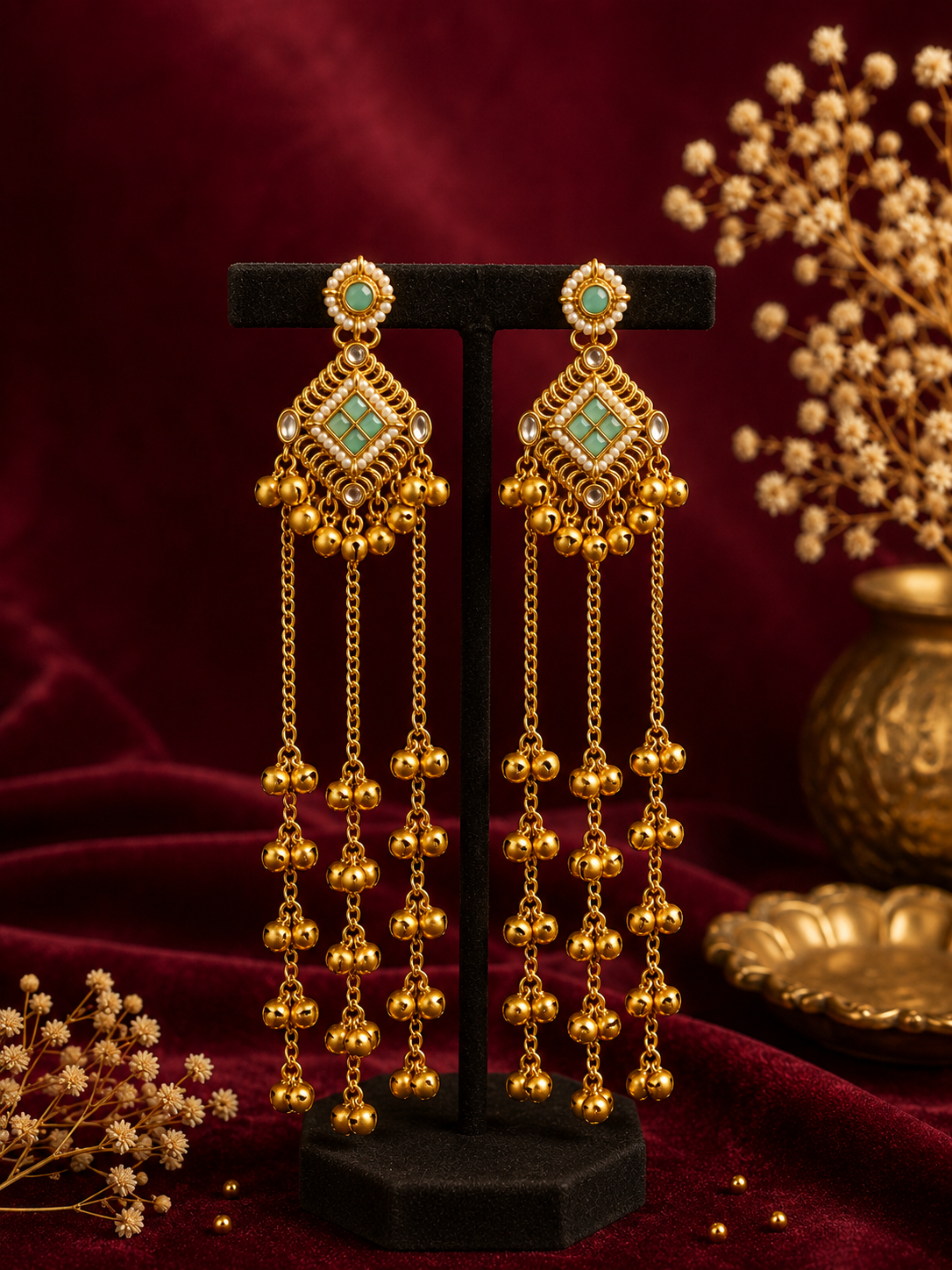 Ornate-Turquoise-Gold-Chandelier-Earrings.png Niharika Kashmiri Ghungroo Earrings – Mint Green - Image 1