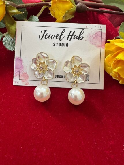 White Flower Pearl Earrings