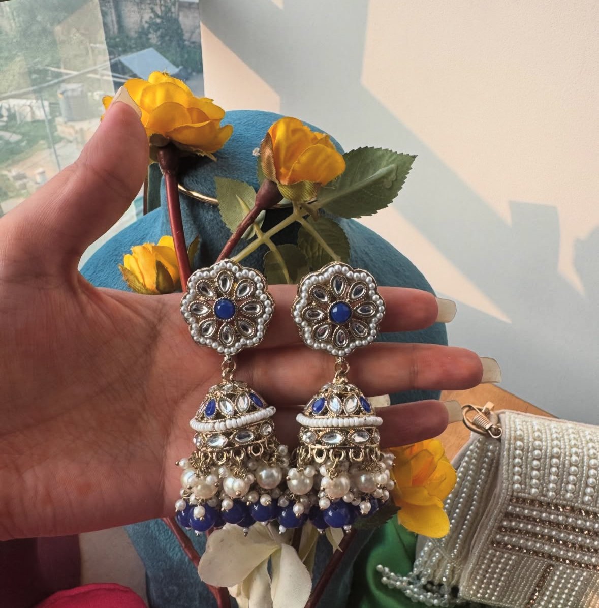 Photo-03-06-25-3-10-11-AM.jpg Kira Kundan Jhumka – Dark Blue - Image 1