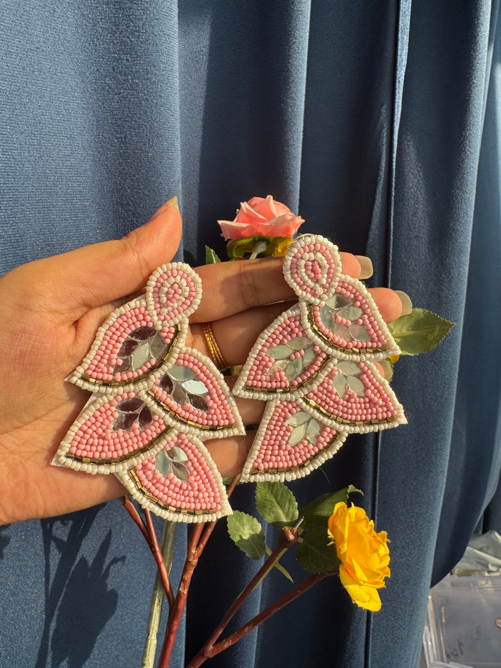 Photo-04-05-25-4-19-48-PM-scaled-1.jpg Pink Beaded Mirror Earrings - Image 1