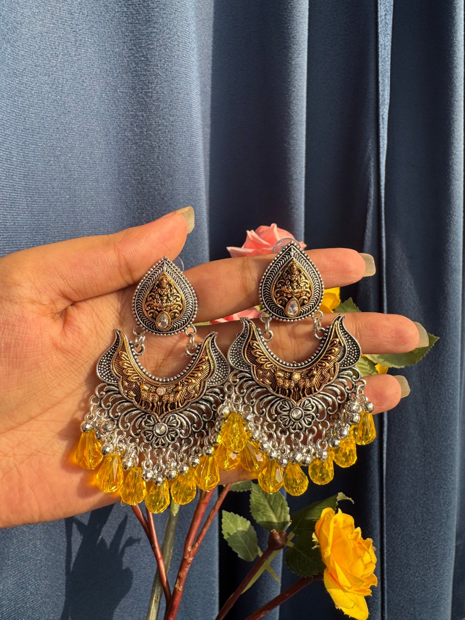 Photo-04-05-25-4-41-57-PM-scaled-1.jpg Light Weight Oxidised Dual Tone Earrings – Yellow - Image 1