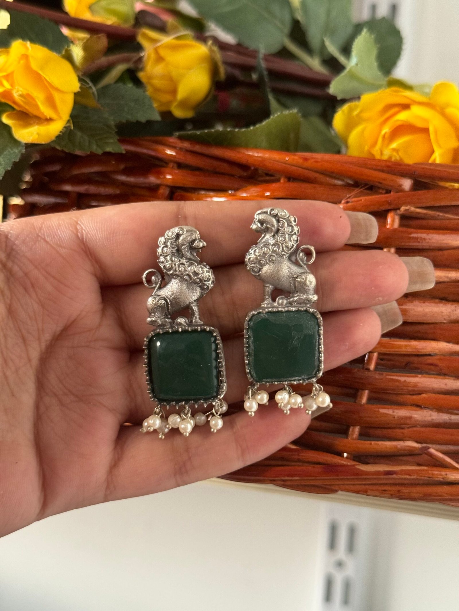 Photo-05-02-24-5-32-13-PM-scaled-1.jpg Lion Brass Earrings – Green - Image 1