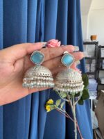 Rubeena Kashmiri Brass Jhumka Earrings – Light Blue Traditional Statement Earrings - Image 2
