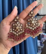 Urmila Jadau Kundan Crystal Statement Earrings – Wine - Image 2