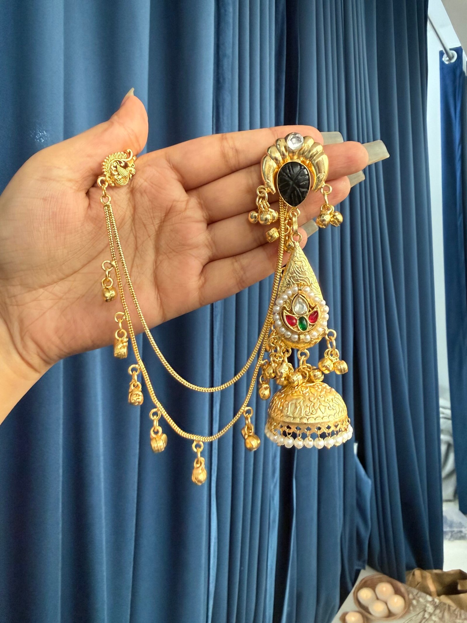 Photo-05-11-25-5-19-54-PM-scaled-1.jpg Ahsas Kashmiri Brass Kaan Chain Earrings – Black - Image 1