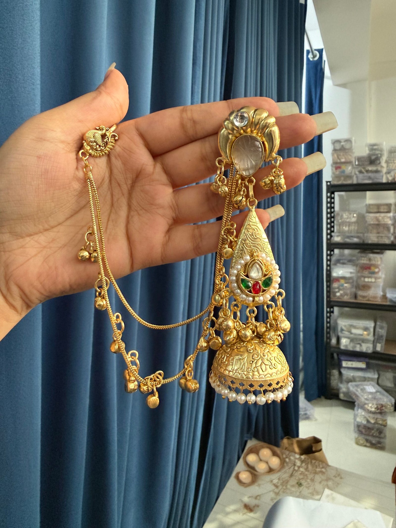 Photo-05-11-25-5-21-56-PM-scaled-1.jpg Ahsas Kashmiri Brass Kaan Chain Earrings – White - Image 1
