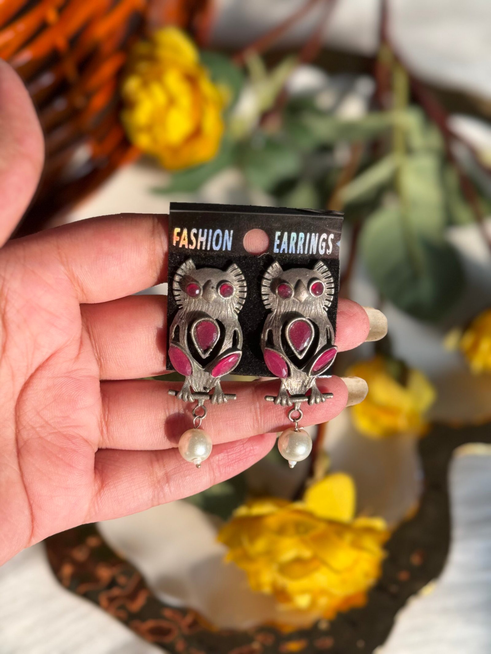 Photo-06-05-24-4-42-51-PM-scaled-1.jpg Brass Owl Earrings – Wine - Image 1
