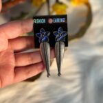 Long Brass Flower Earrings – Blue