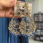 Meher Kundan Earrings With Kaan Chain – Dark Blue