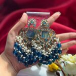 Ishani Kundan Chandbali Earrings – Teal Blue