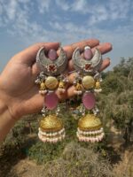 Ameesha Oversized Brass Jhumka Earrings – Light Pink - Image 2