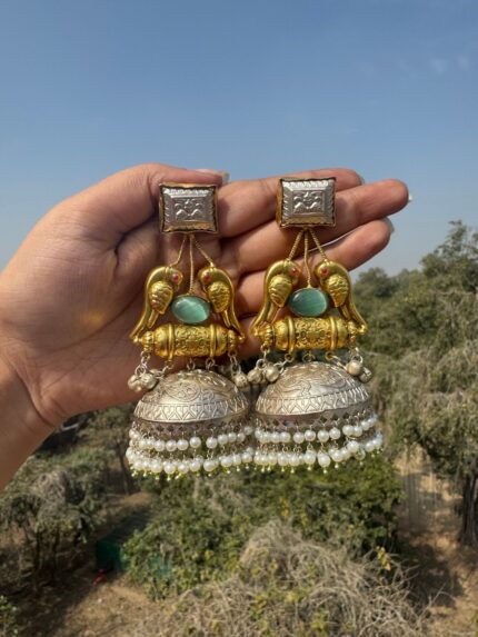 Radhika Golden Brass Jhumka – Mint Green