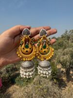 Malika Dark Green Gold Plated Brass Jhumka Earrings – Statement Bridal Earrings - Image 2