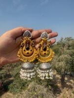 Malika Black Gold Plated Brass Jhumka Earrings – Statement Bridal Earrings - Image 2