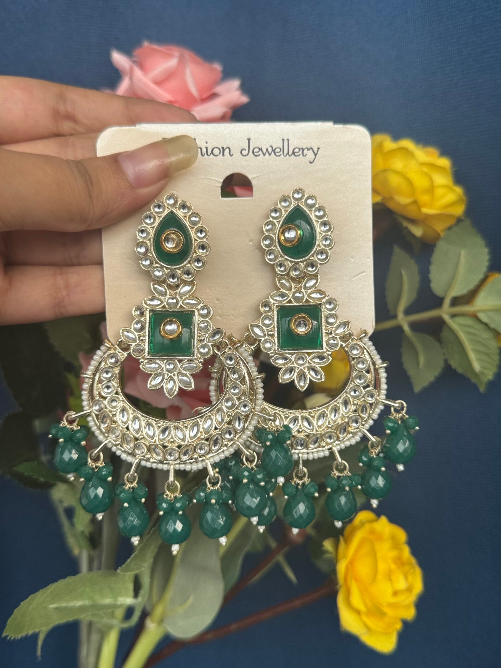 Photo-11-11-24-4-13-08-PM-scaled-1.jpg Dipali Kundan Earrings – Dark Green - Image 1