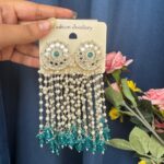 Maheera Long Kundan Earrings – Teal Green