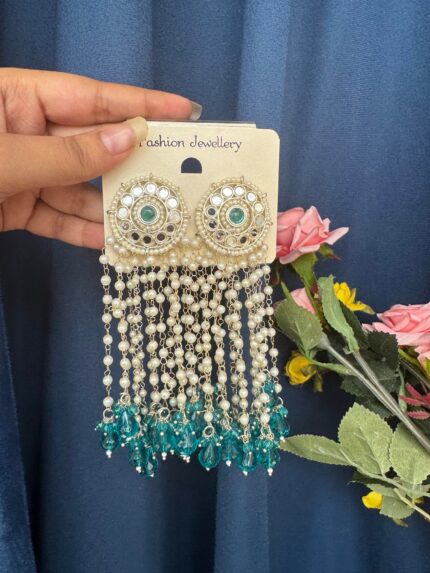Maheera Long Kundan Earrings – Teal Green