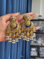 Arya Yellow Kundan Chandbali Jhumka Earrings with Pearl Drops - Image 2