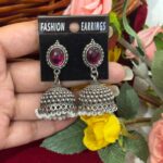 Brass Jhumka Earrings – Dark Pink