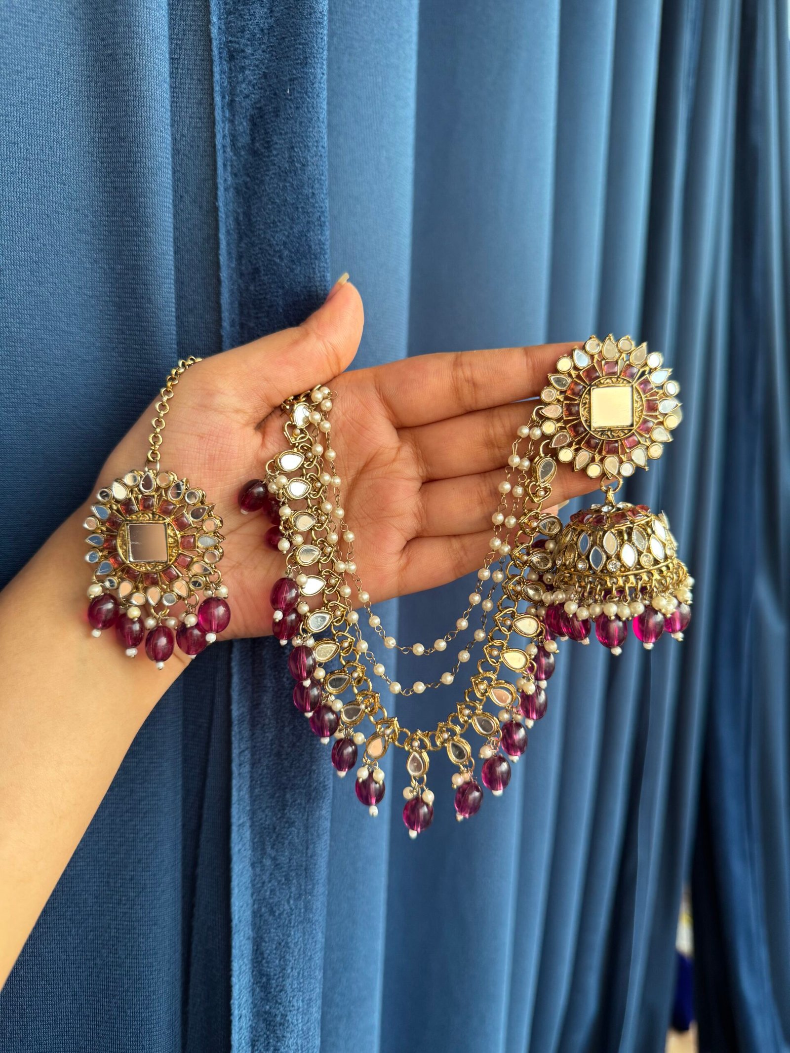Photo-15-02-25-5-38-45-PM-scaled-1.jpg Nirali Kundan Earrings With Mangtika – Purple - Image 1