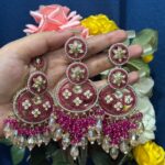 Yasmeen Premium Earrings With Mangtika – Dark Pink