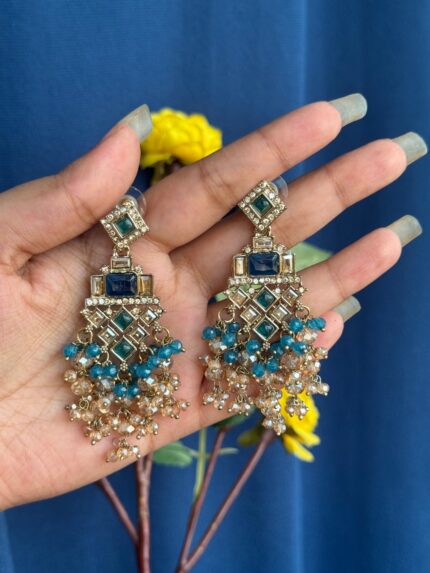 Dharni Kundan Earrings – Teal Blue
