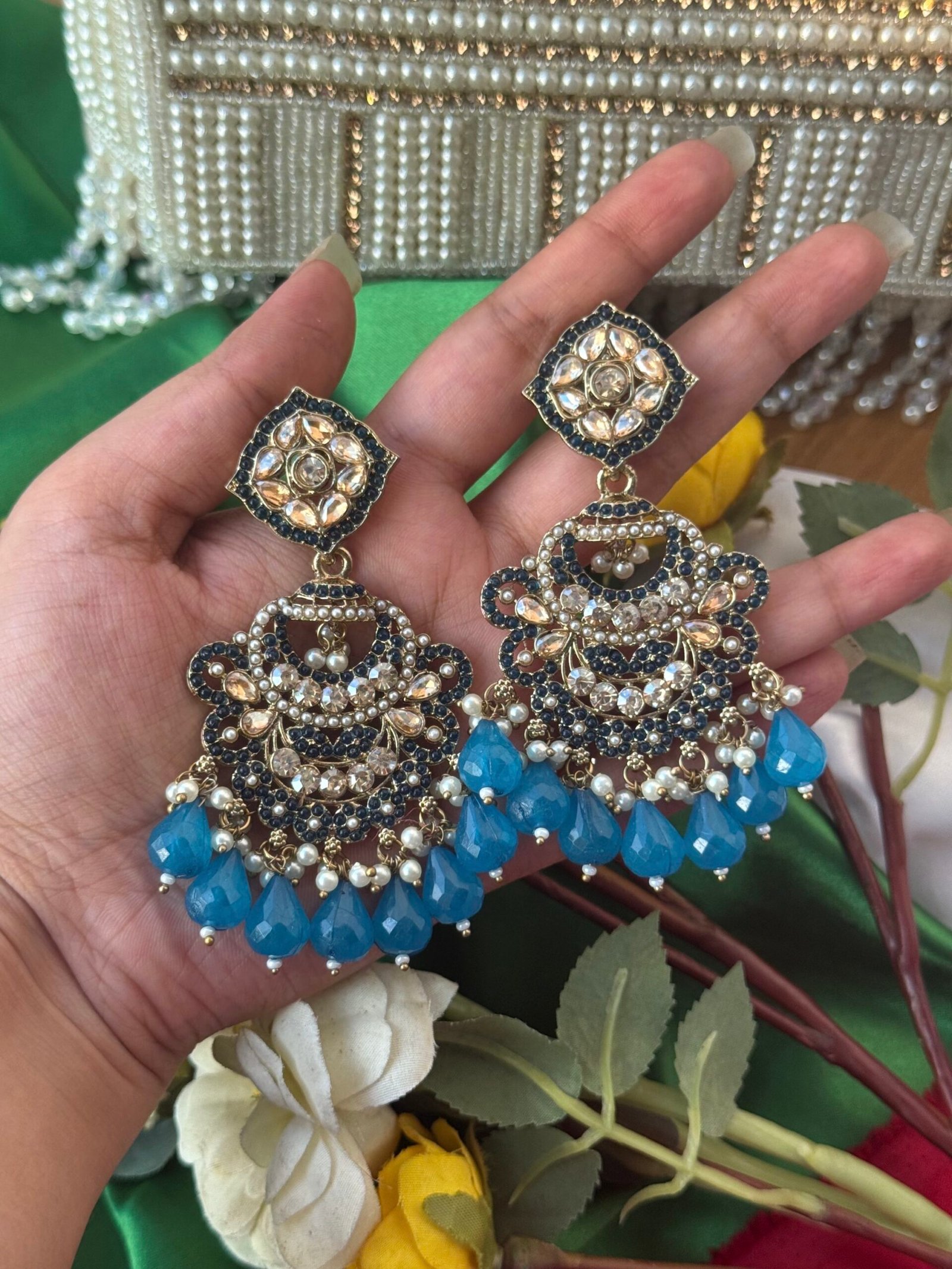 Photo-18-06-25-2-08-49-PM-scaled-1.jpg Chitranshi Kundan Earrings – Teal Blue - Image 1