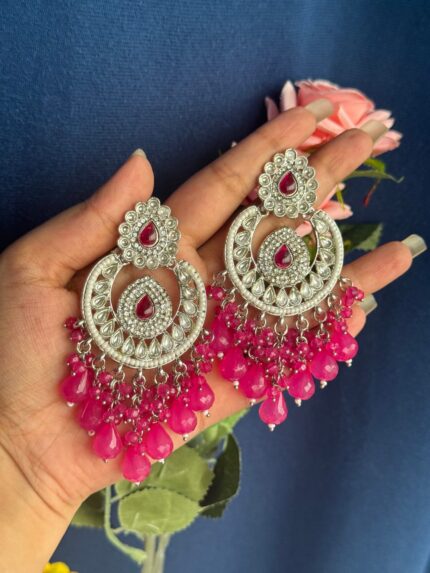 Aradhya Kundan Earrings – Silver Polish –  Dark Pink