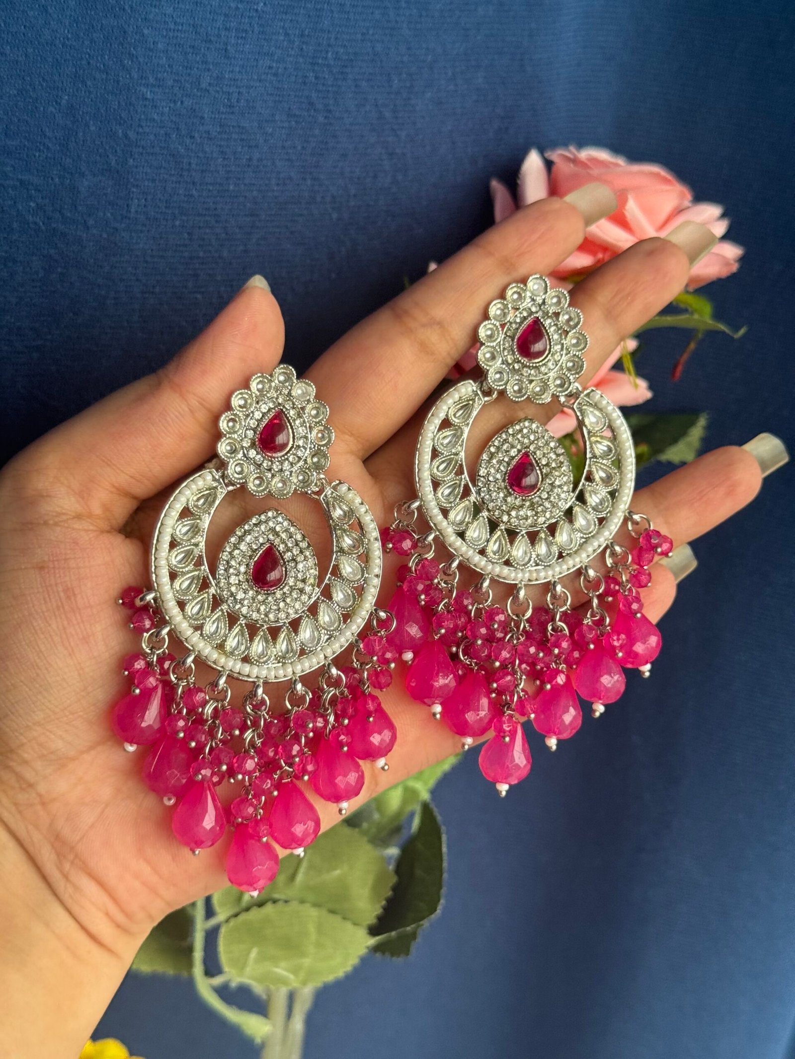 Photo-20-08-24-2-57-05-PM-scaled-1.jpg Aradhya Kundan Earrings – Silver Polish – Dark Pink - Image 1