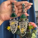 Veena Brass Unique Long Earrings – Green