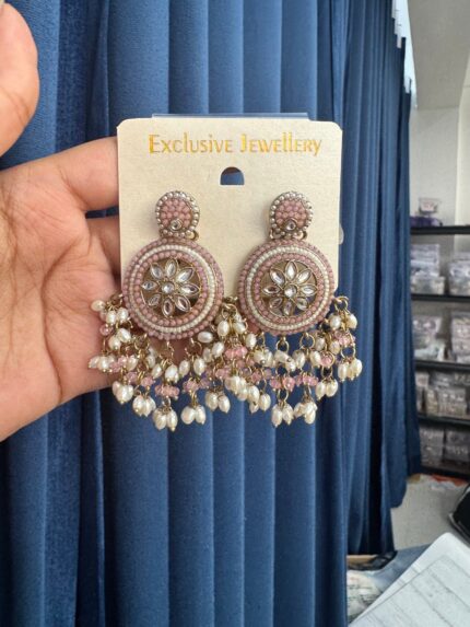 Zaara Kundan Chandbali Earrings – Light Pink