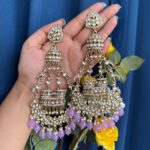 Sanchita Lavender Long Kundan Jhumka Earrings