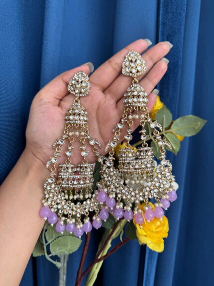 Sanchita Lavender Long Kundan Jhumka Earrings