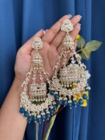 Sanchita Dark Blue Long Kundan Jhumka Earrings – Golden Polish - Image 2