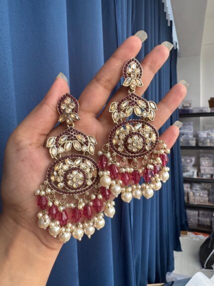 Vrushika Kundan Chandbali Earrings – Wine
