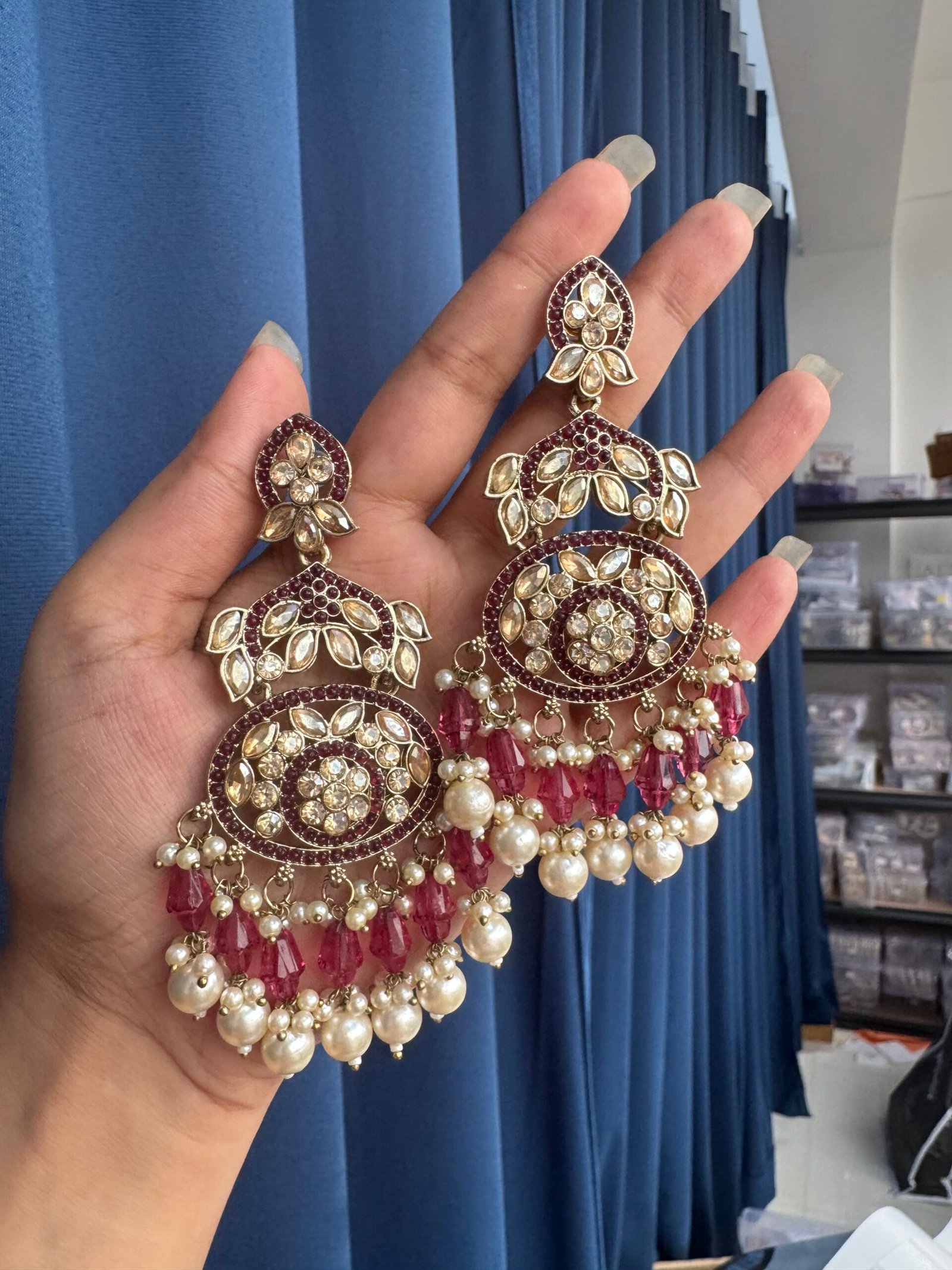 Photo-24-07-25-1-56-48-PM-scaled-1.jpg Vrushika Kundan Chandbali Earrings – Wine - Image 1