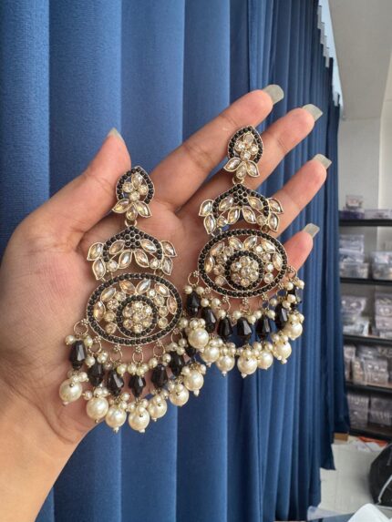 Vrushika Kundan Chandbali Earrings – Black